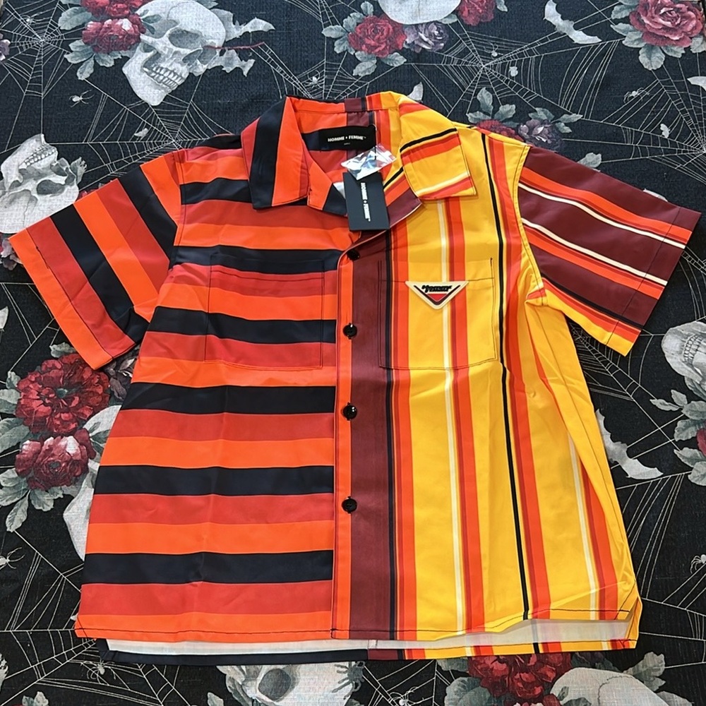 NWT HOMME FEMME MENS STRIPE SPLIT BUTTON DOWN YELLOW SHORT SLEEVE SHIRT SZ SMALL